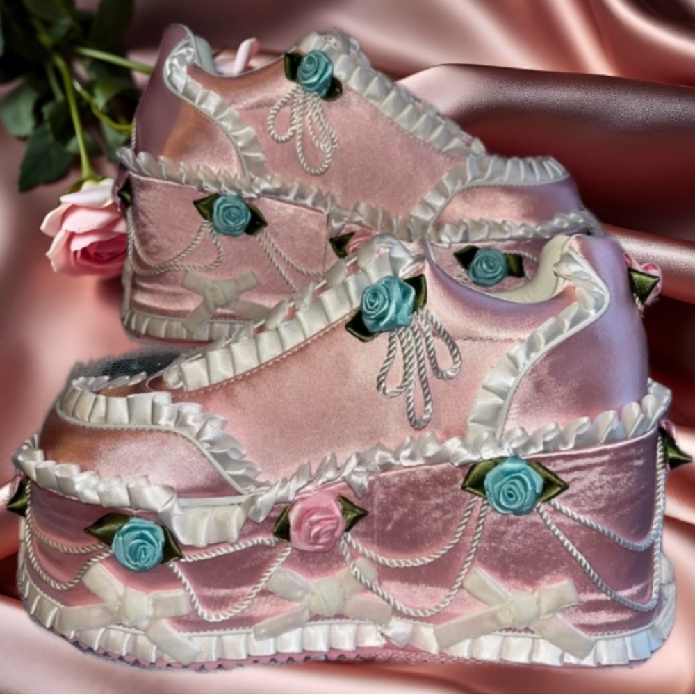 Unique Pink Platform Sneakers with Floral Accents Size 9 by Sugar Thrillz